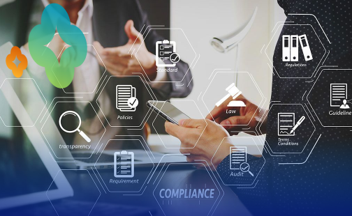 Business professionals collaborating around a digital interface, highlighting compliance elements for effective governance.