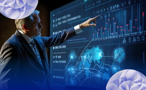 Professional engaging with interactive screen displaying global data, illustrating AIOps capabilities in anomaly detection.