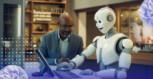 Dynamic interaction between human and robot, emphasizing LLMs' role in refining product search processes