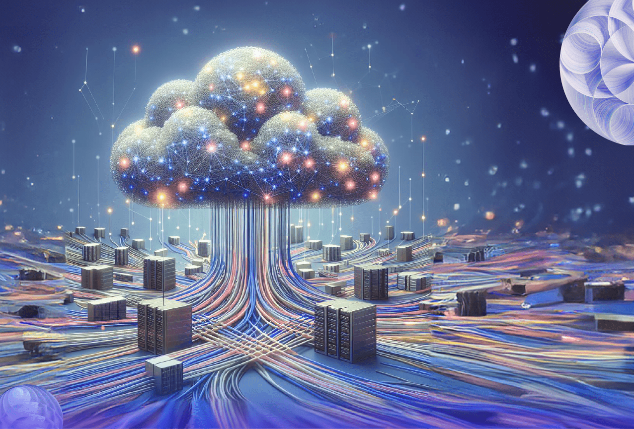 Depiction of a large cloud interconnected with lines to server-like boxes, representing rapid data retrieval and infrastructure-free applications