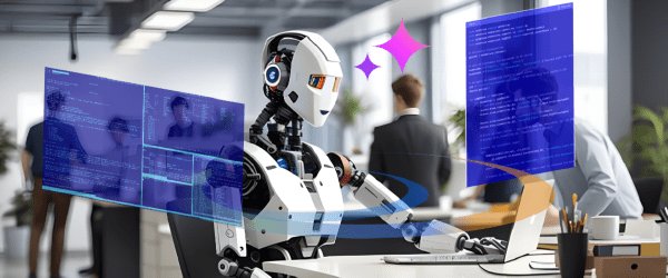 Robot operating a computer in an office, demonstrating continuous intelligence through high-frequency, intuitive business insights.