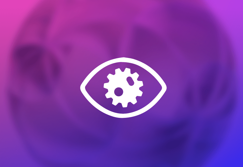 Eye with an embedded gear, representing control and visibility in feature deployments