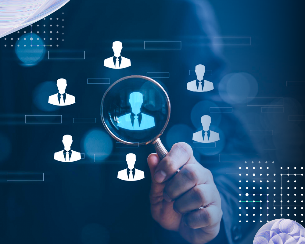 A magnifying glass examining person icons, illustrating customer segmentation through demographic and financial data analysis.