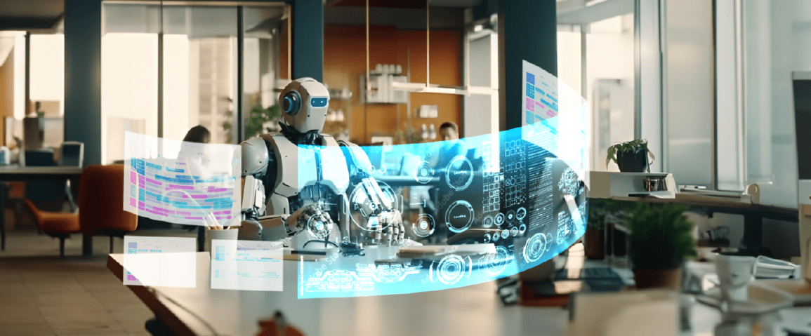 Robot operating in an office with holographic displays, showcasing progressive delivery's enhancement of DevOps practices.