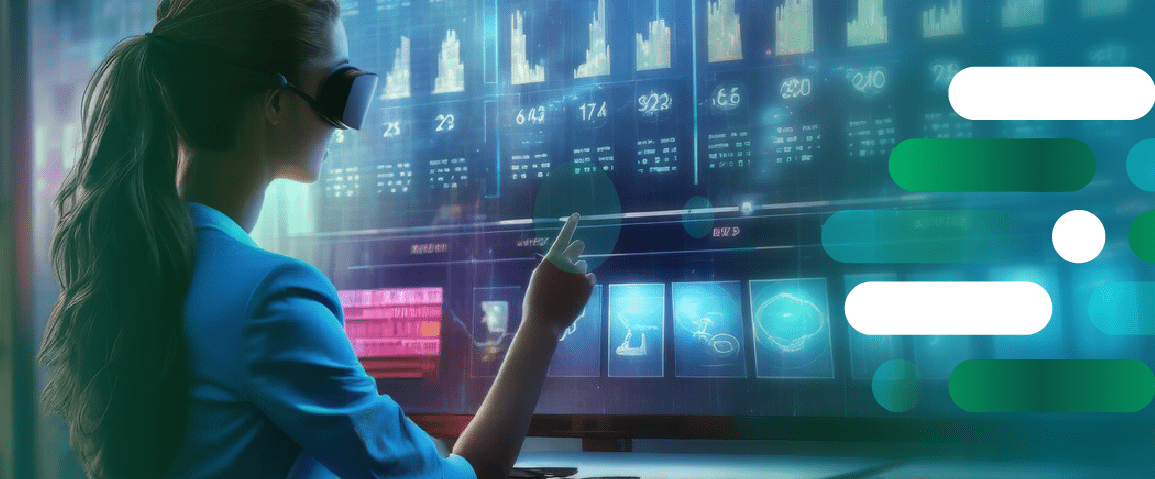 Individual wearing VR glasses interacts with data, highlighting real-time analytics in finance for market trend insights. 