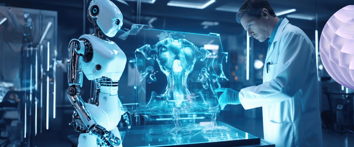 Scientist and robot in a futuristic medical lab, emphasizing real-time analytics enhancing healthcare outcomes and decision-making. 