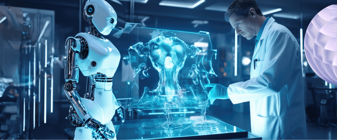 Representation of robot, doctor, and holographic medical image demonstrating healthcare observability, enhancing patient safety through anomaly detection.