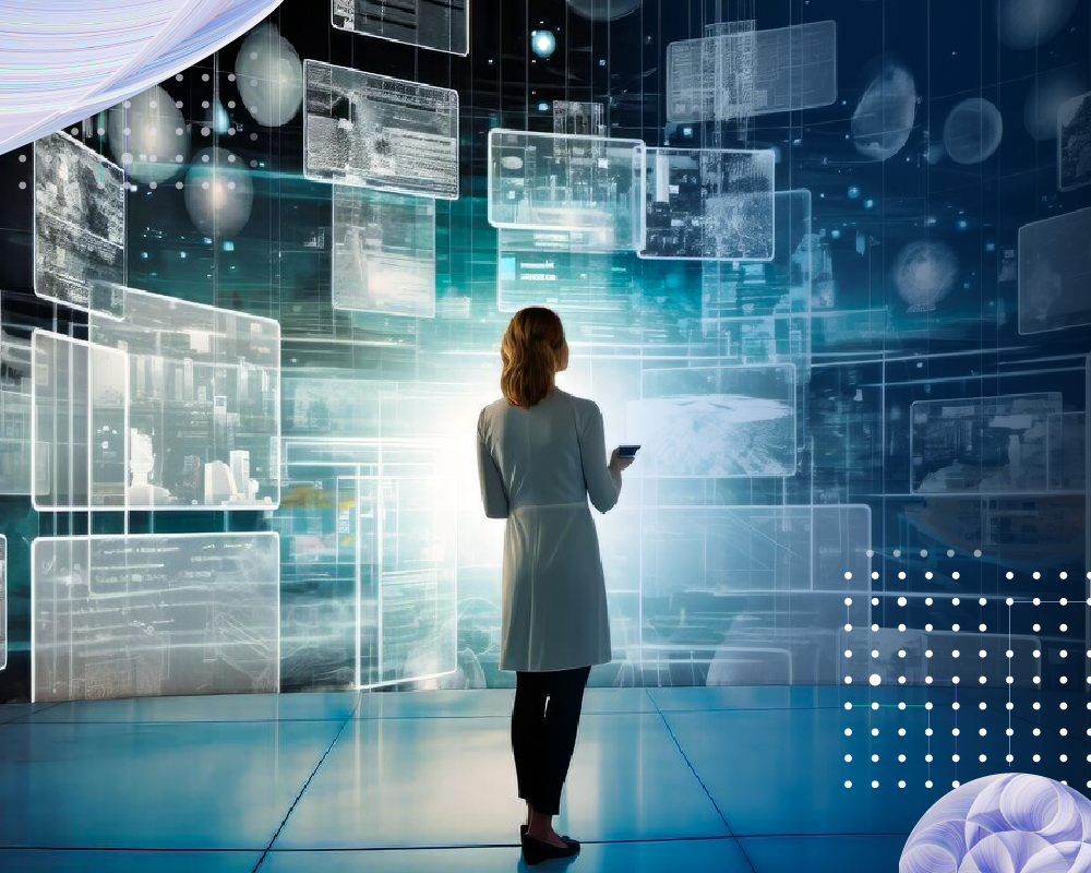 A woman in a lab coat analyzes a wall of screens, focusing on real-time customer insights and risk calculations for healthcare and life insurance.