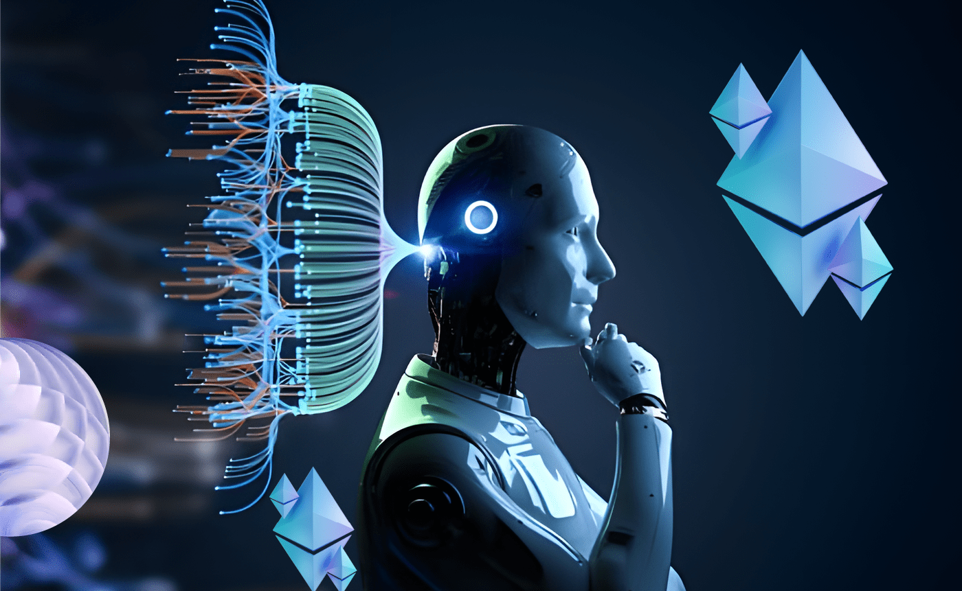 A robot featuring glowing neural pathways alongside Ethereum symbols highlights applied observability, optimizing modern application performance and reliability.