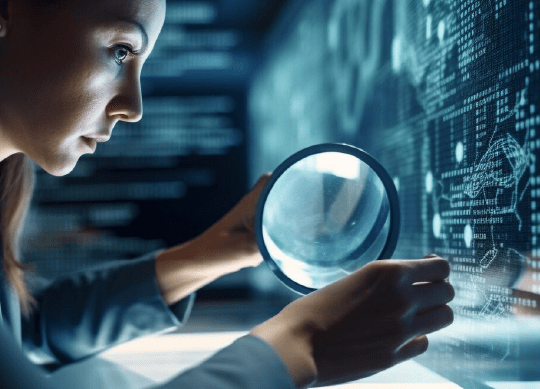 A person analyzes data on a screen with a magnifying glass, enhancing internal developer platform efficiency through observability.