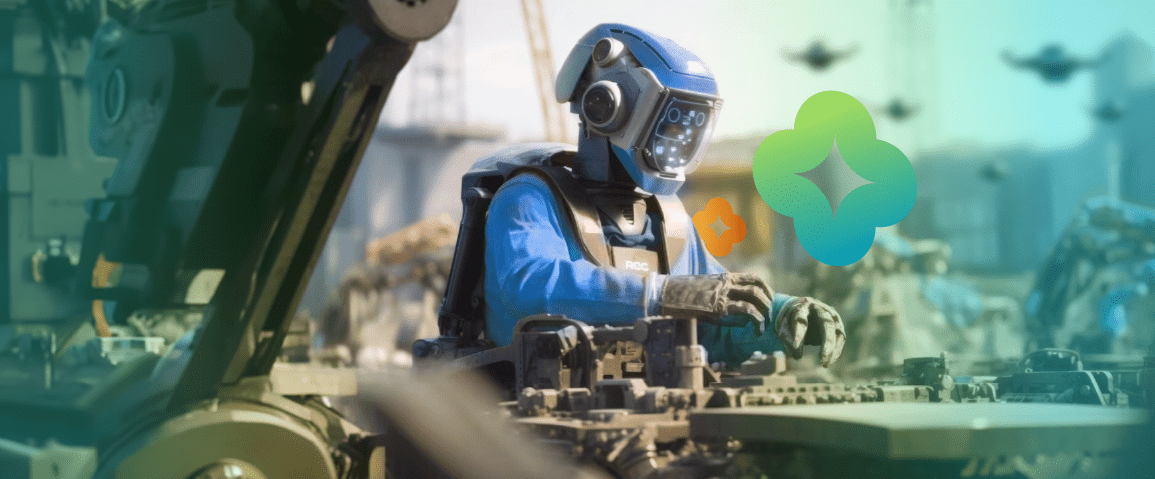 Robot in a suit operating machinery, demonstrating real-time analytics optimizing manufacturing processes and enhancing production efficiency