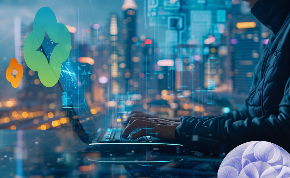 A person working on a laptop amidst city lights and digital data, showcasing Observability and AIOps empowered by Generative AI for unparalleled insights.