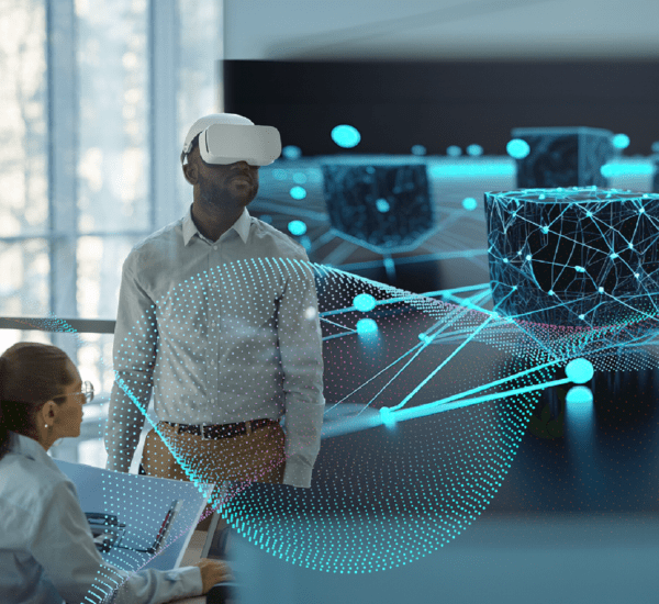 Individual adorned with a VR headset, immersed in a network of interconnected blue cubes, representing continuous data value for digitized businesses.