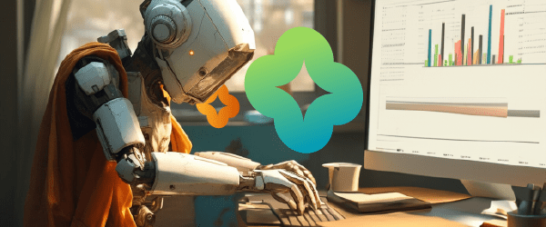 Robot working at a computer with charts, showcasing real-time AI for enhanced client personalization.