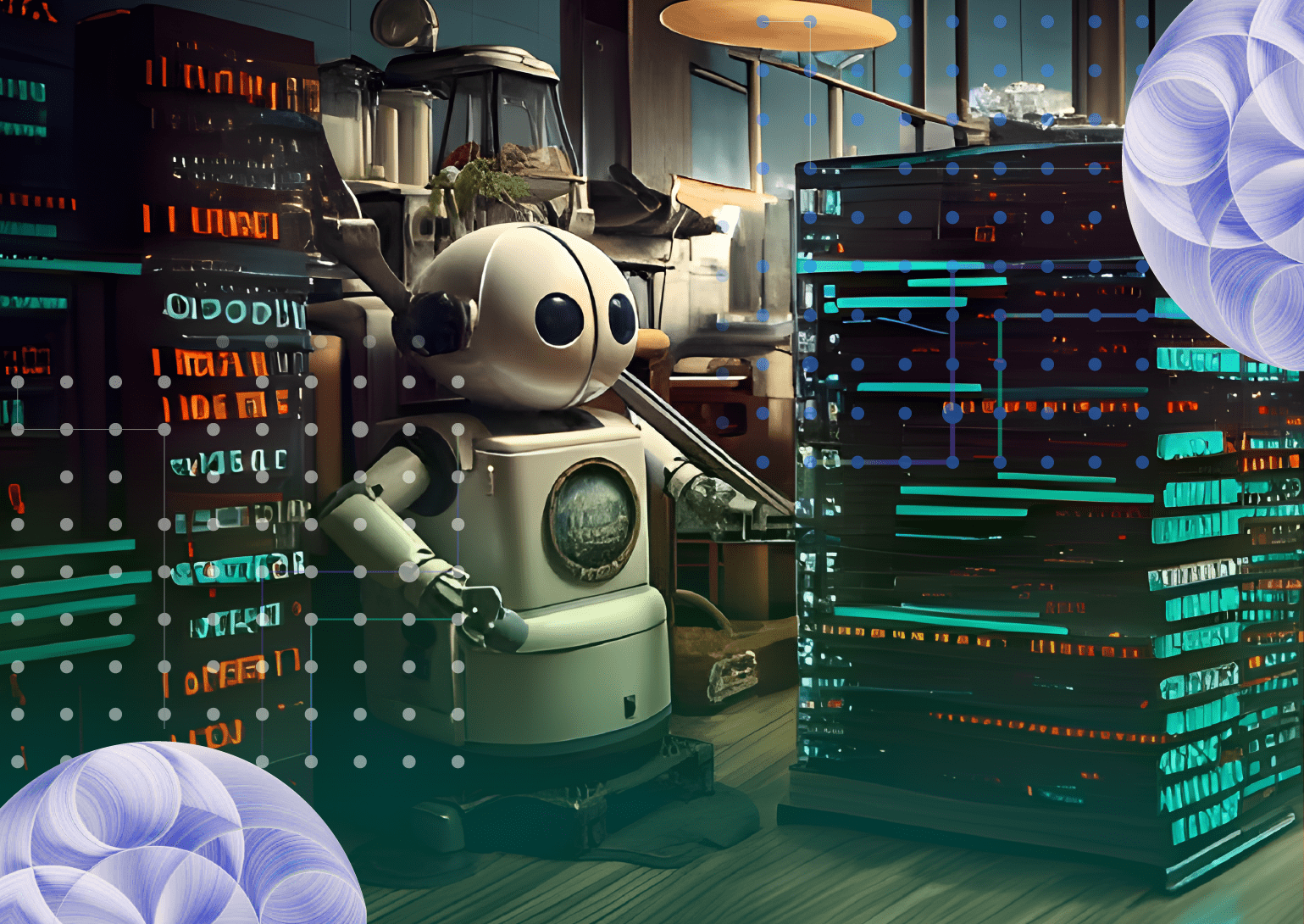 Robot next to a server rack, exemplifying real-time analytics data stack for enterprise AI solutions and transformation.