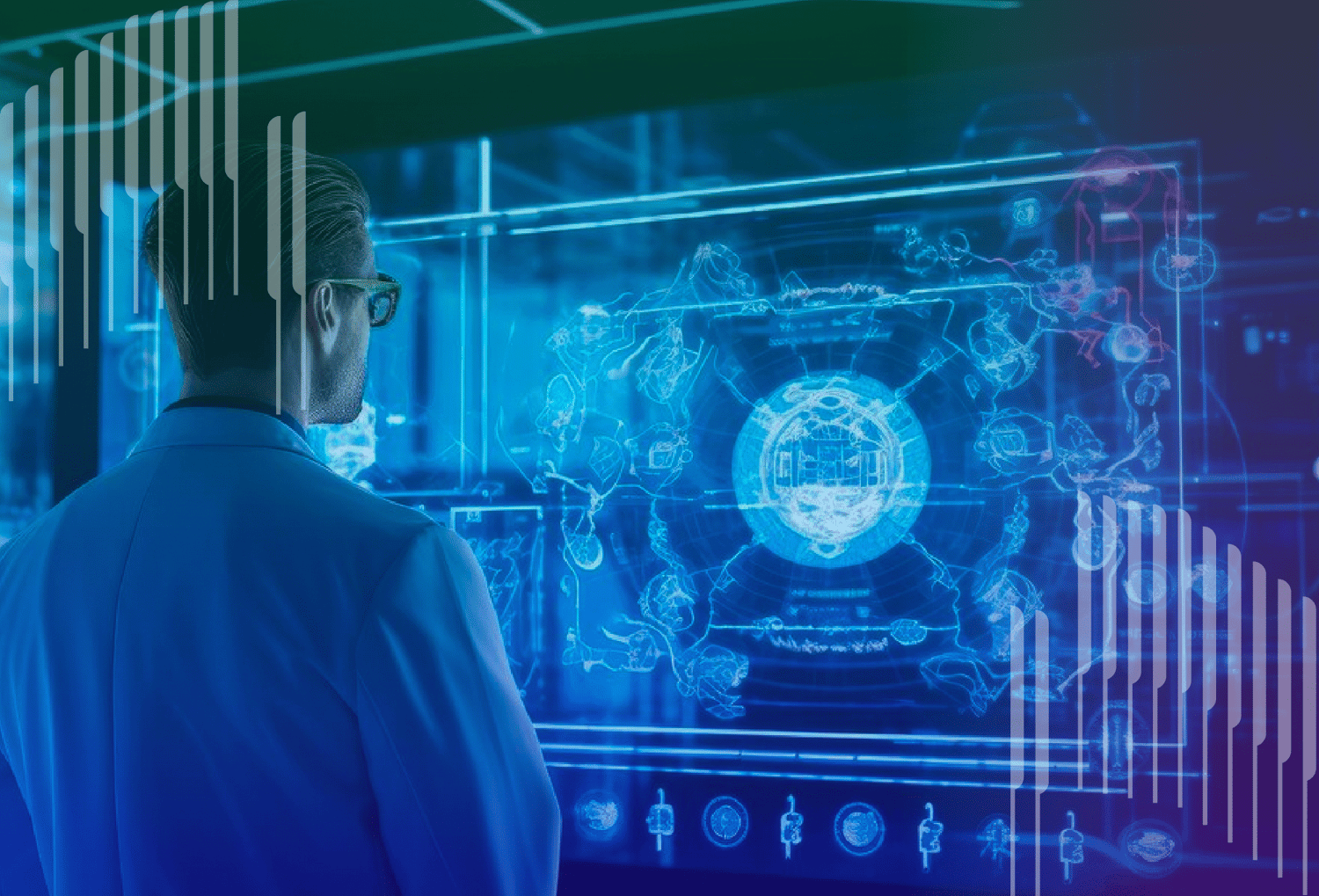 Lab professional examining a large screen with glowing diagrams, emphasizing continuous security solutions for compliance