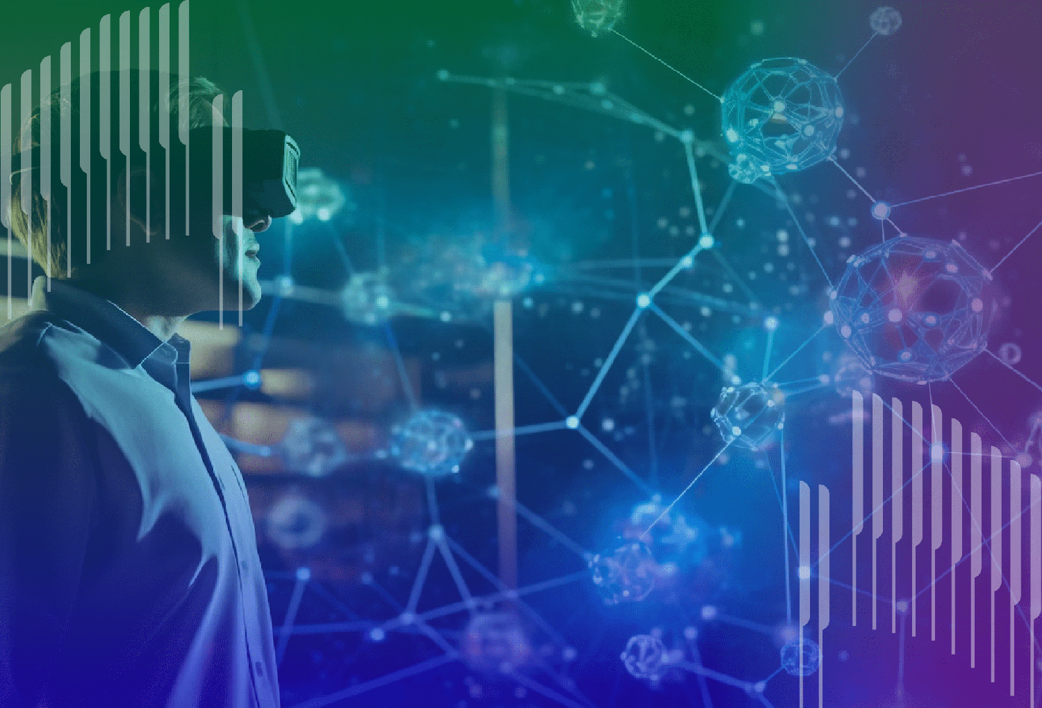 Individual wearing VR glasses explores a complex network, highlighting the acceleration of data processing capabilities